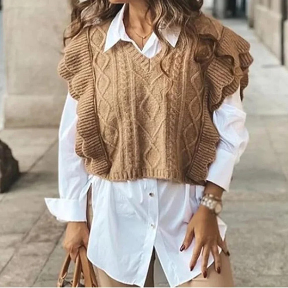 Zara  Cable Knit Ruffle Sweater Vest Alpaca Wool Blend Tan NWT Size Medium - Picture 6 of 10